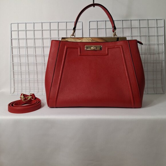 Bright Red Aldo Top Handle Structured Purse, Vegan Leather, Goldtone Hardware - Picture 1 of 16